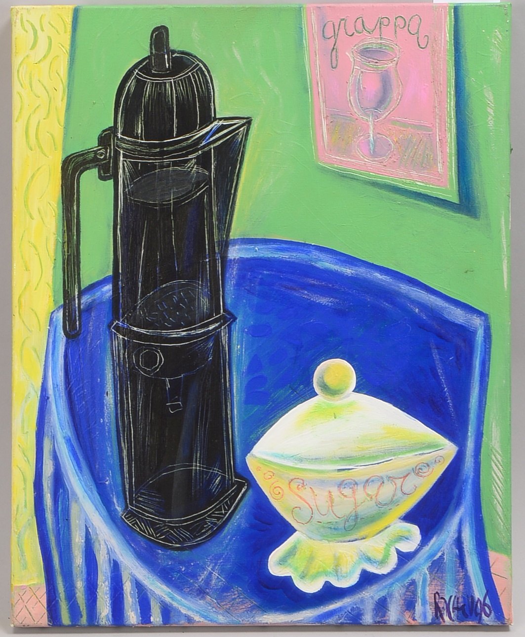 Rachev, Rumen, Espressokanne, Acryl/Lw, signiert/dat. (19)96; BM 50 x 40 cm