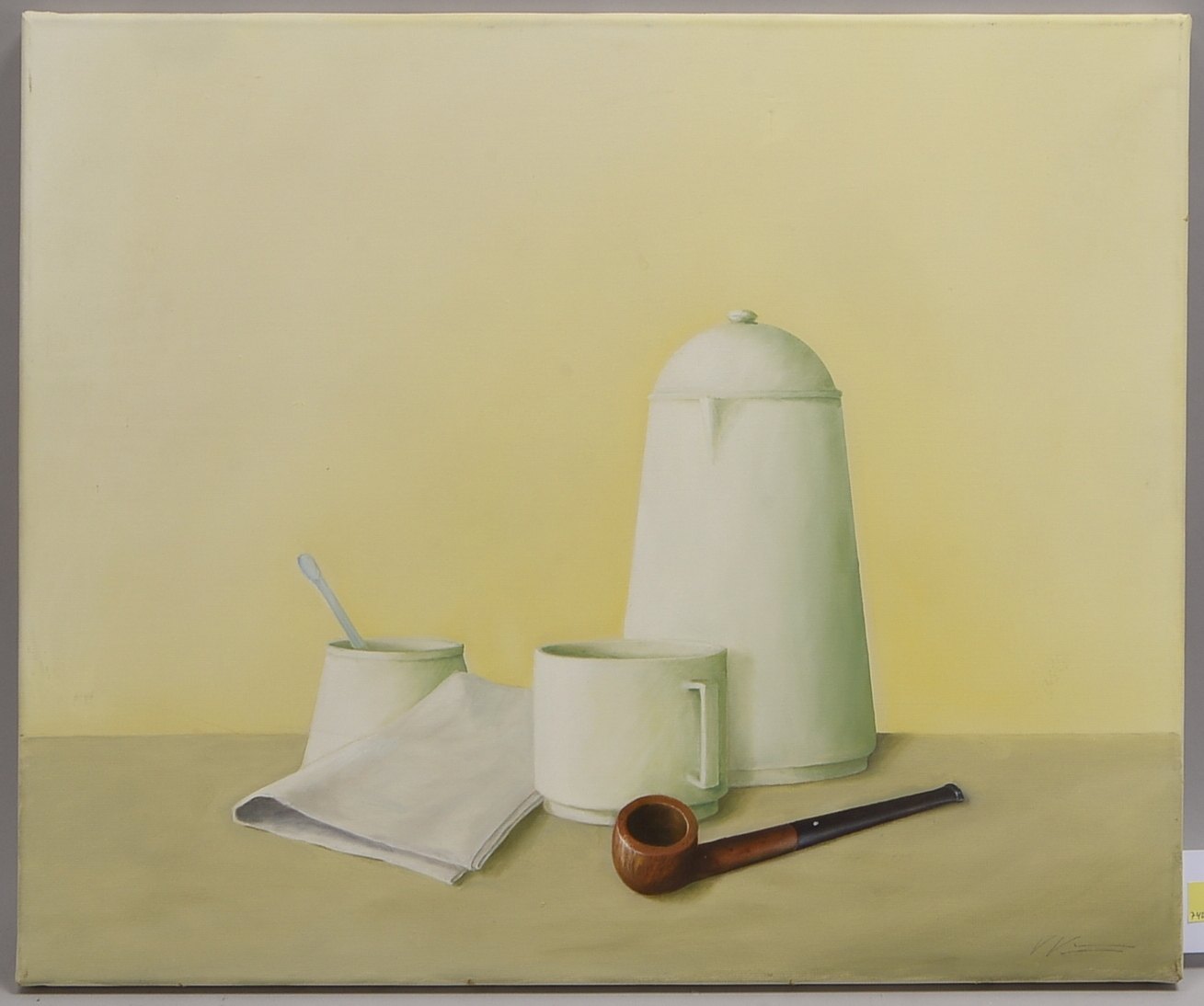 Kühn, Volker, Frühstückstisch mit Pfeife, Acryl auf Leinwand, sign.; BM 50 x 60 cm