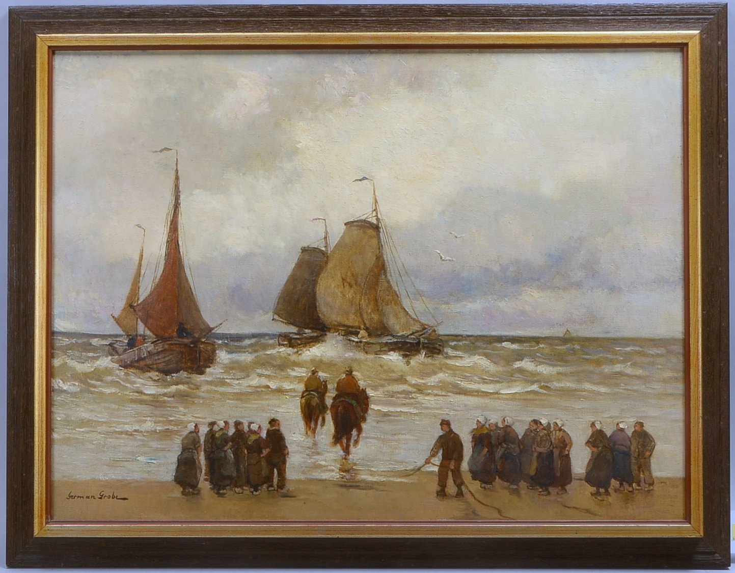 Grobe, German, Heimkehr der Fischer, Öl/Lw, signiert; RM 71,5 x 91,5 cm