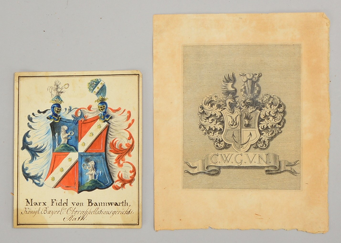 2 heraldische Exlibris, historische Wappen: 1x Wenzel Graf von Nostitz, Christoph (1648 - 1712), Maß