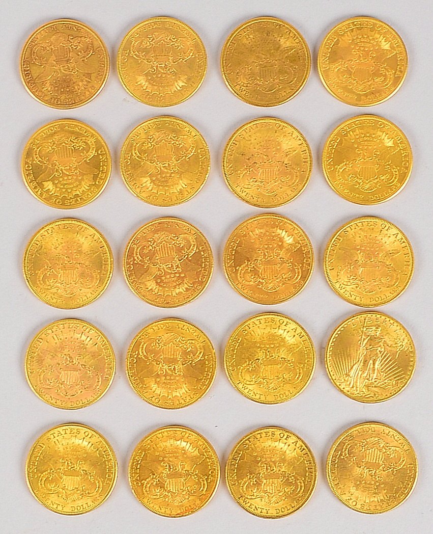 Sammler-Münzkonvolut (USA): 20x Goldmünzen: 19x '20 Dollar - Liberty Head' u. 1x '20 Dollar St. Gaud