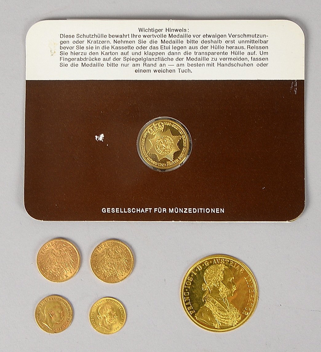 Kleines Sammler-Münzkonvolut (Diverses), 6x Goldmünzen: 1x Österreich - '4 Dukaten, AA 1915', 3x Pre