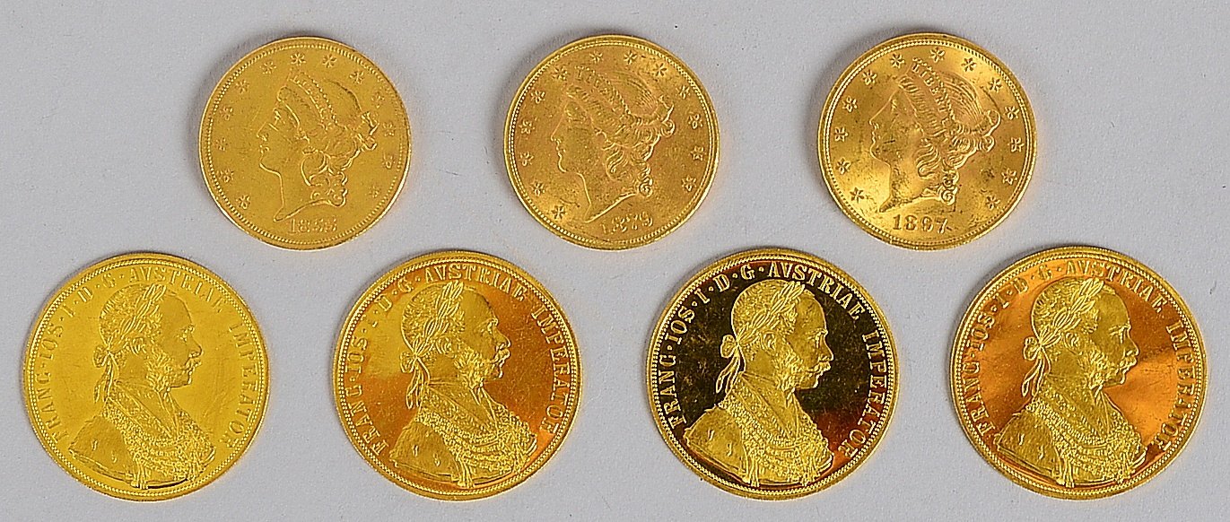 Kleines Sammler-Münzkonvolut, 7x Goldmünzen: 4x Österreich, '4 Dukaten - Franz Joseph I, AA 1915'; u