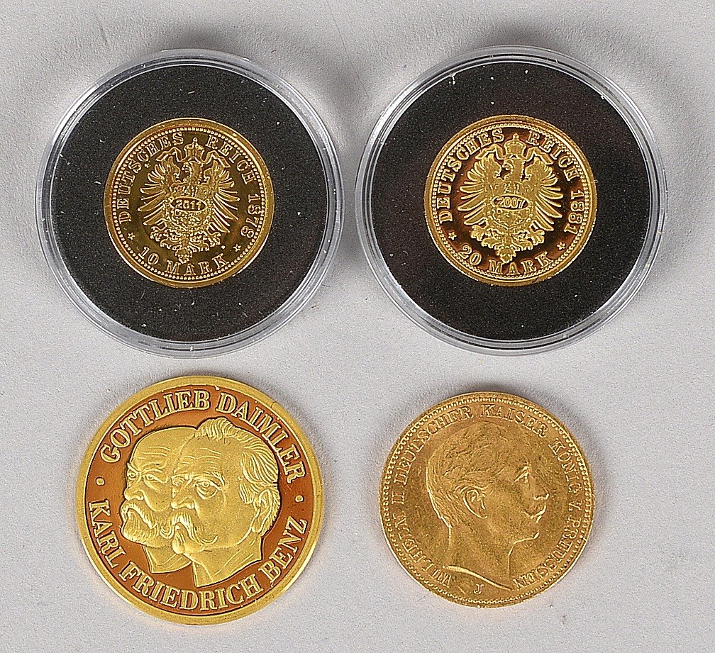 Kleines Goldmünzen/Medaillen-Sammlerkonvolut (Deutschland), 4 Stück: 1x '20 Mark, 1912', und 1x '100