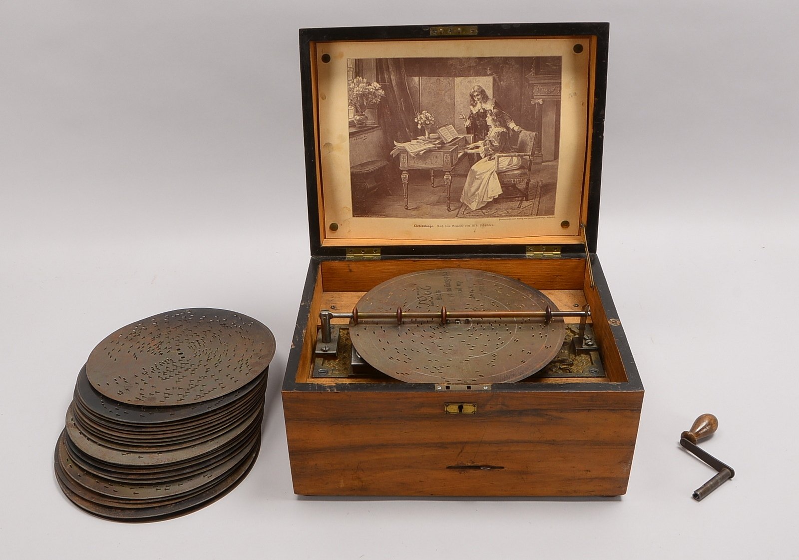 Polyphon-Spieluhr (Gründerzeit, um 1880), 'Troubadour', im Mahagoni-Gehäuse, Kamm intakt - funktions