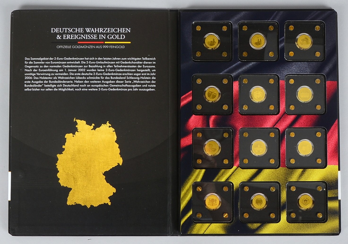 Münz-Sammelmappe, 'Deutsche Wahrzeichen und Ereignisse', besetzt mit 12x offiziellen Goldmünzen/Meda