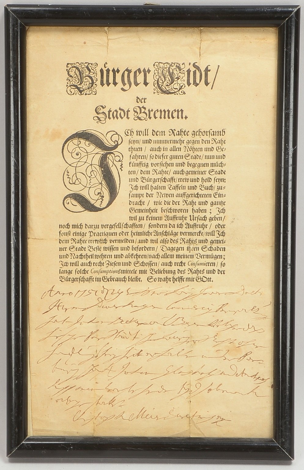 Sammler-Urkunde (Bremensie), 'Bremer Bürger-Eid' mit Beurkundung durch Christoph Mei(e)r Secretary v
