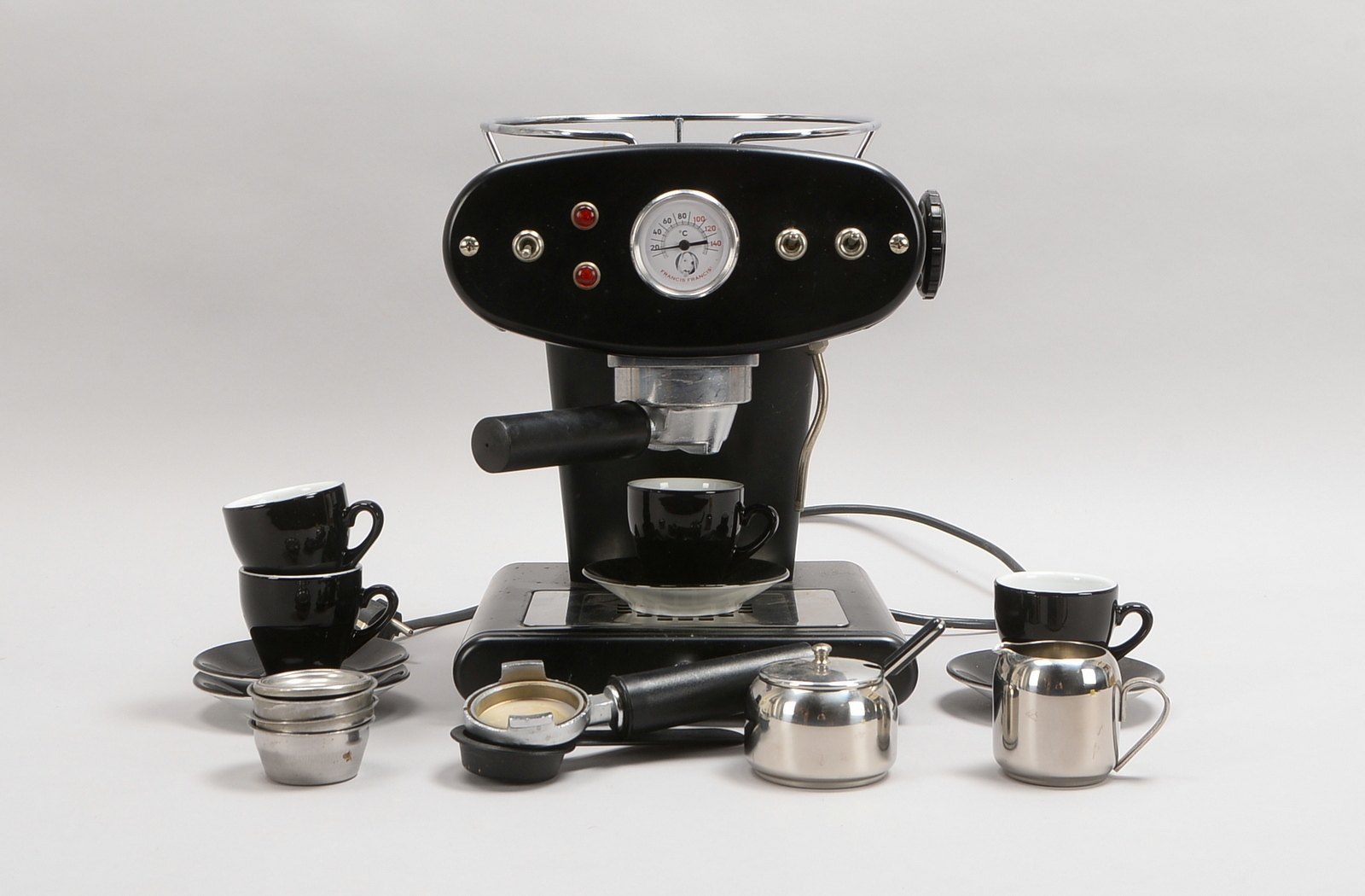 Francis & Francis, Espressomaschine, 2x Siebträger, Entwurf: L. Trazzi; mit Zubehör