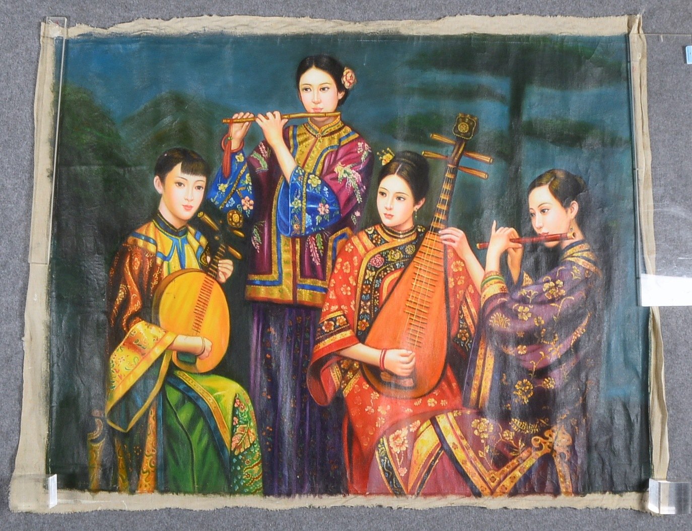 Gemälde (China), 'Musikalisches Quartett', Öl/Lw, unsigniert, ungerahmt; Bildmaße 97 x 130 cm