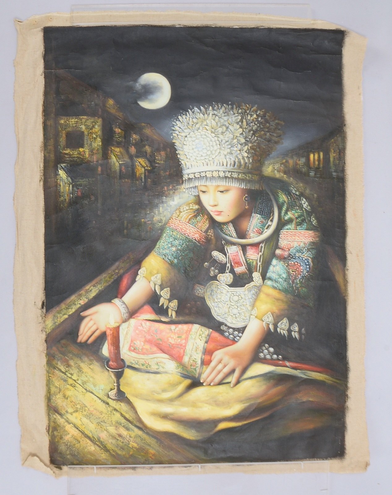 Gemälde (China), 'Chinesin in traditioneller Tracht', Öl/Lw, unsigniert, ungerahmt; Bildmaße 97 x 72
