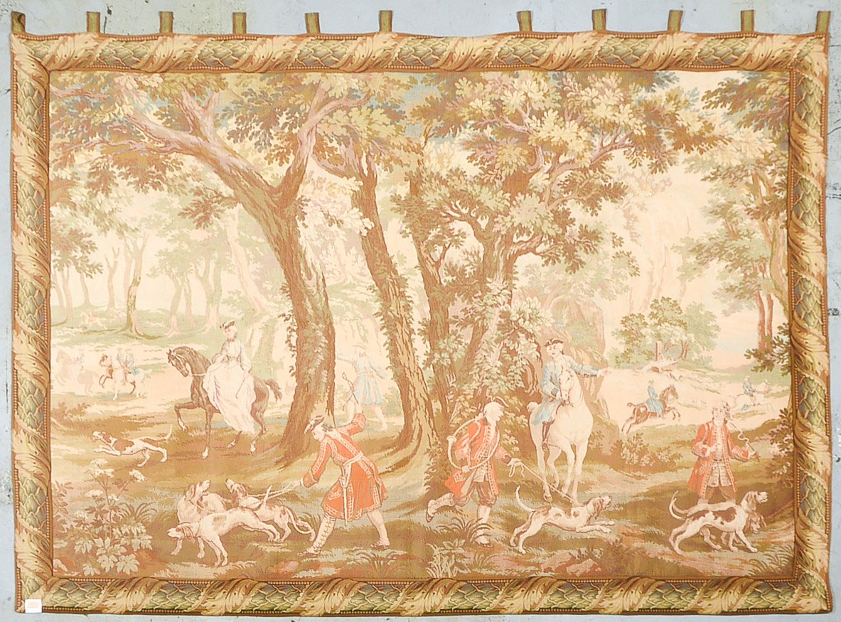 Großer antiker Gobelin/Wandteppich (flämisch, 19. Jhdt.), 'Jagdszenen', Gewebe hinterfüttert; Maße 1