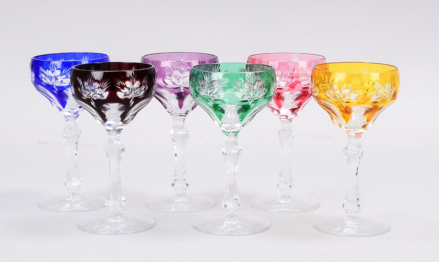 1 Satz Sherrygläser, 6 Stück, verschiedenfarbiges Kristallglas, geschliffen; Höhe 14 cm