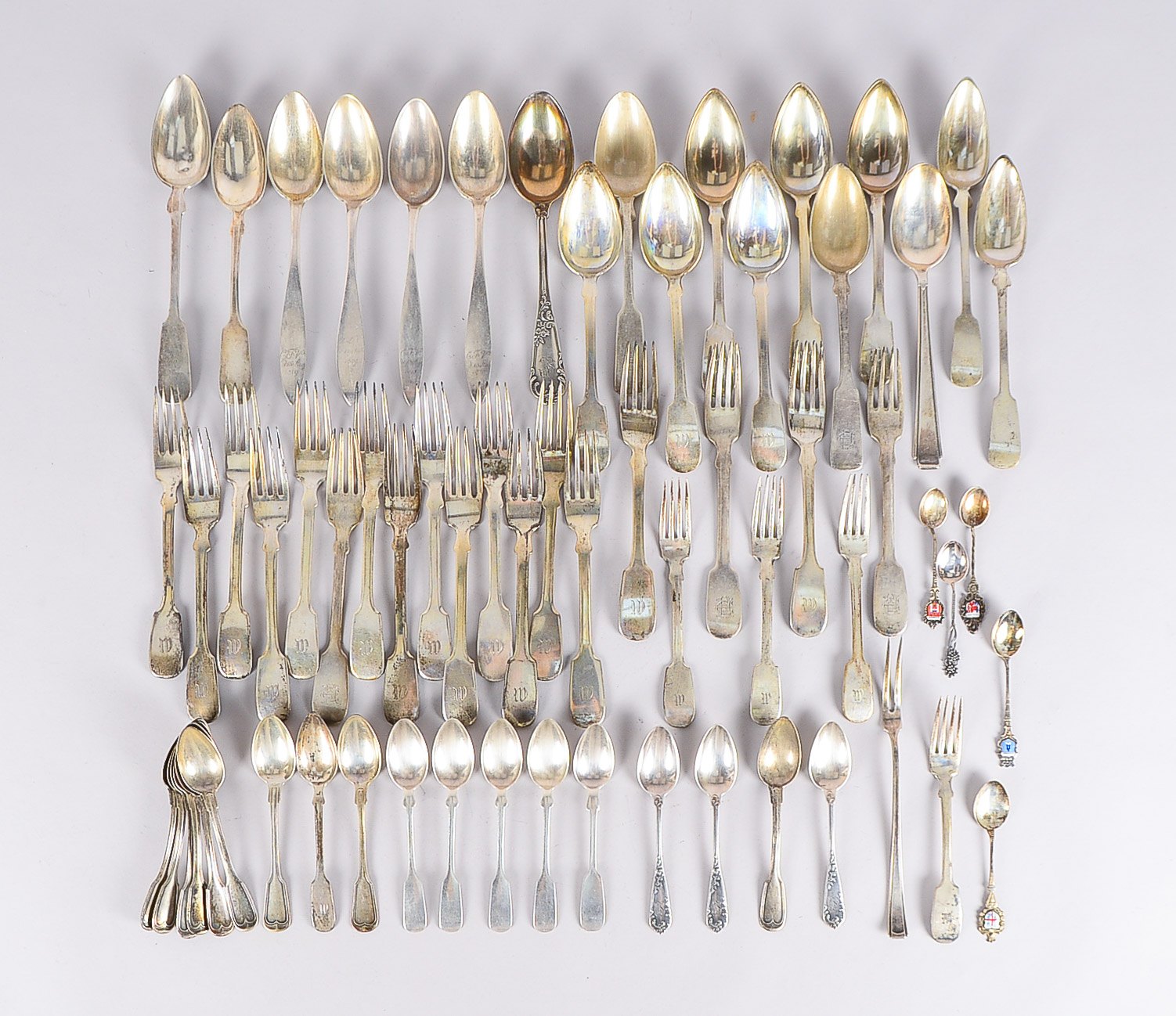Tafelbesteck-Konvolut, verschiedene Silbergehalte/800 Silber und 13-lötiges Silber, unterschiedliche
