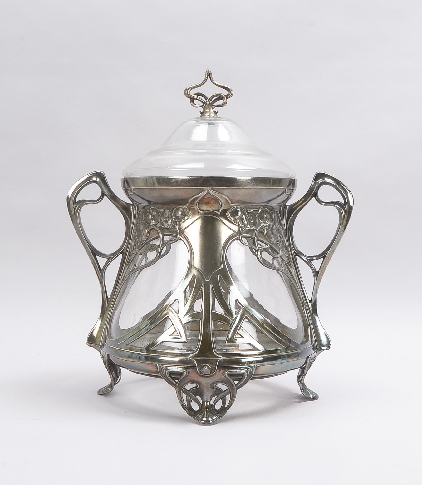 WMF, Bowlengefäß (Jugendstil, um 1920), Metall-Montierung 1/10 versilbert, Glaseinsatz mit Deckel; H