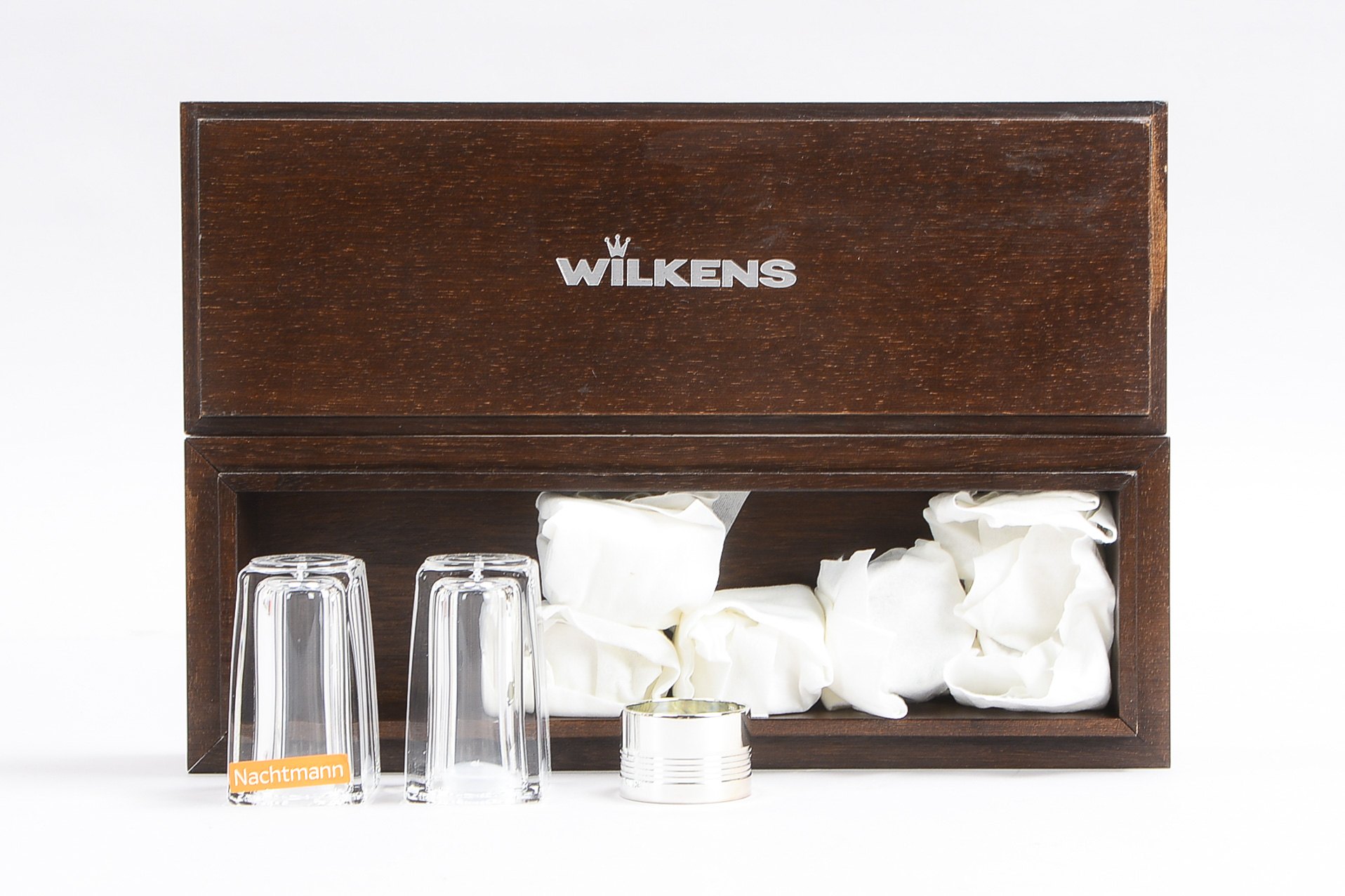 Wilkens, 1 Satz Serviettenringe (6 Stück), versilbert/ neuwertig, in Holzschatulle, anbei 1 Paar Gla