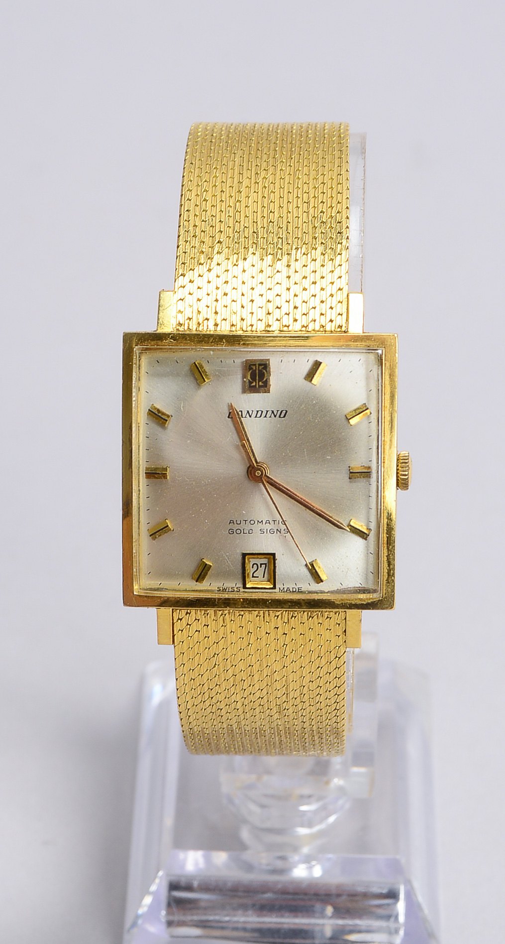 Herrenarmbanduhr (Schweiz), Candino, Automatik, 750 GG-Gehäuse und Armband, quadratisches Zifferblat