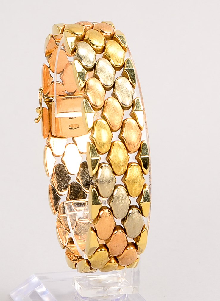 Armband, 585 Gold/Tricolor (gestempelt), Steckschließe; Länge 18,50 cm, Breite 1,7 cm, Gewicht 34,70