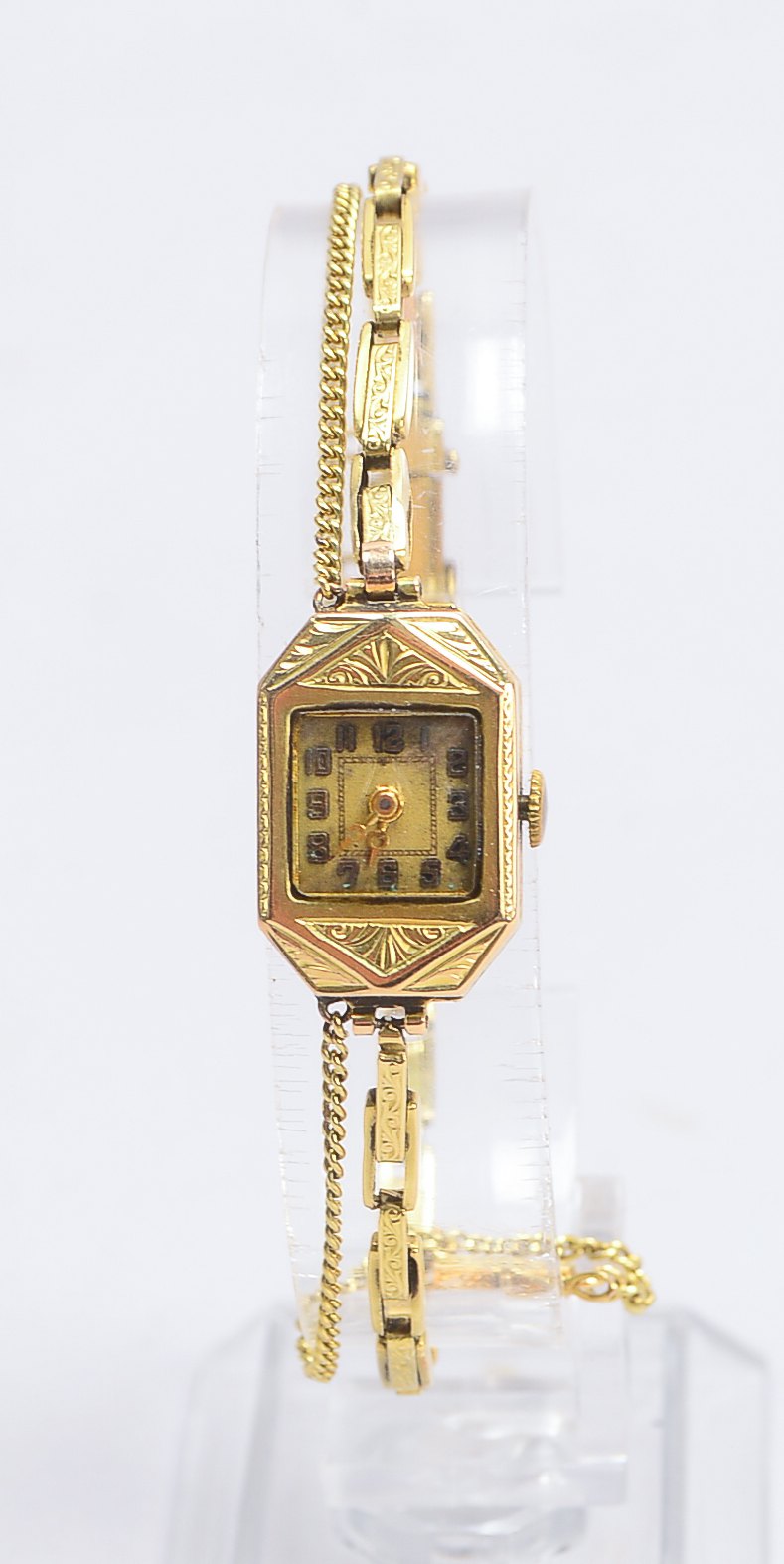 Damenarmbanduhr (Art déco), 585 GG-Gehäuse und Armband, mit Sicherheitskette - Uhr läuft an; Maße Ge