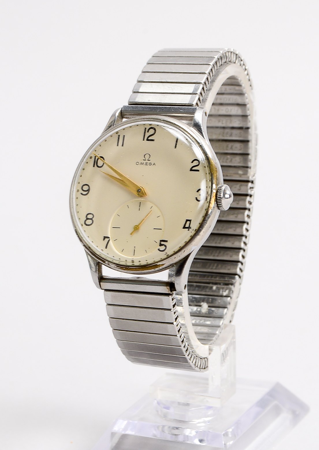 Herrenarmbanduhr, Omega, Handaufzug, Zifferblatt mit dezentraler Sekunde, Fixoflex-Armband/nicht ori
