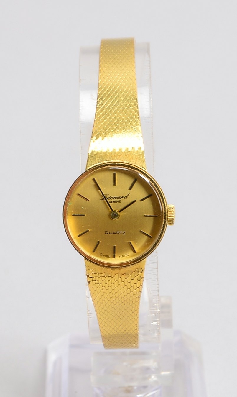 Vintage-Damenarmbanduhr (Schweiz, 1980er Jahre), Leonard, Quarz, 333 GG-Gehäuse und Armband - Funkti