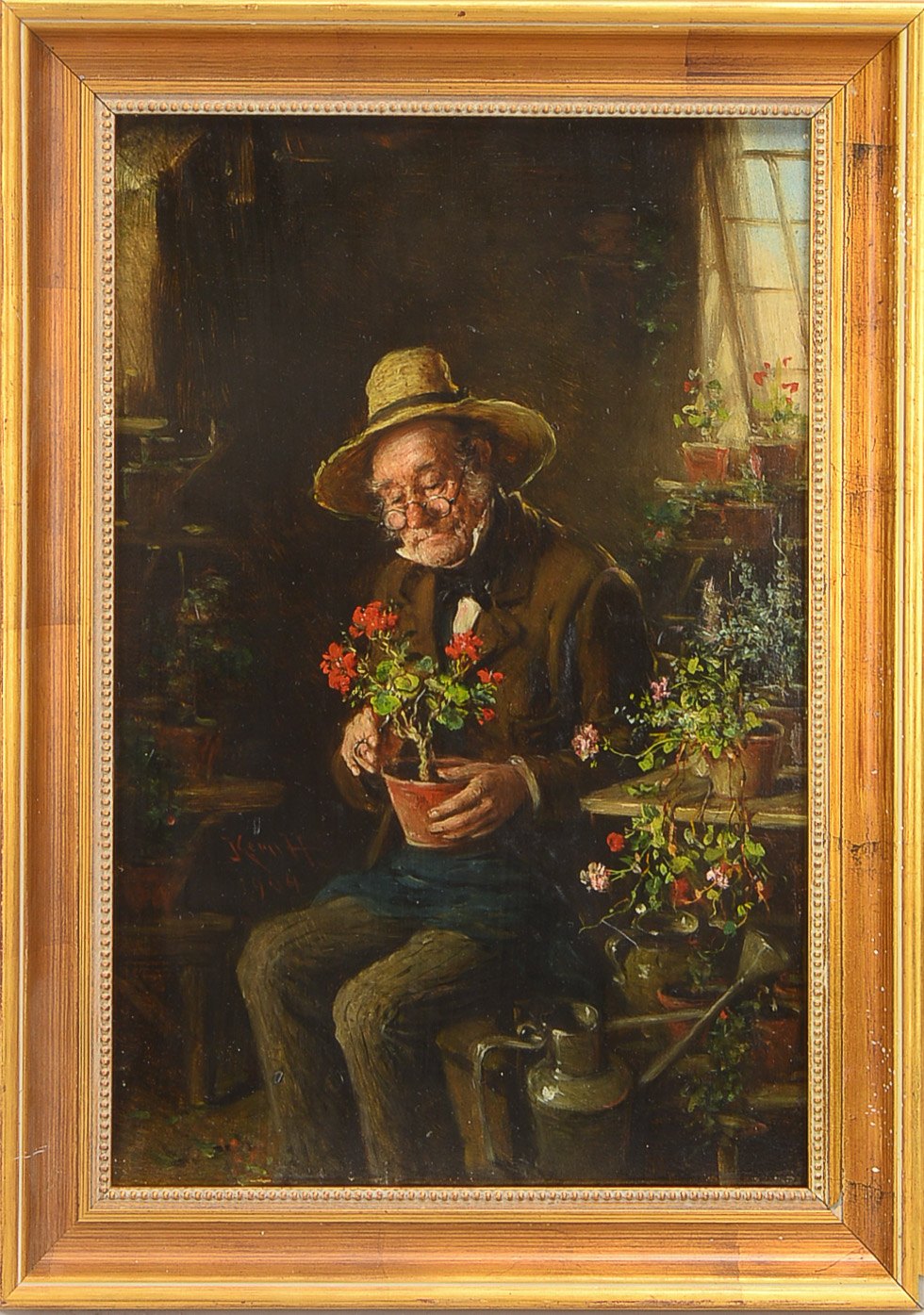 Kern, Hermann (1838 - 1912), 'Der Blumenfreund', Öl auf Holz/gerahmt; Bildmaße 47,5 x 31 cm, Rahmenm