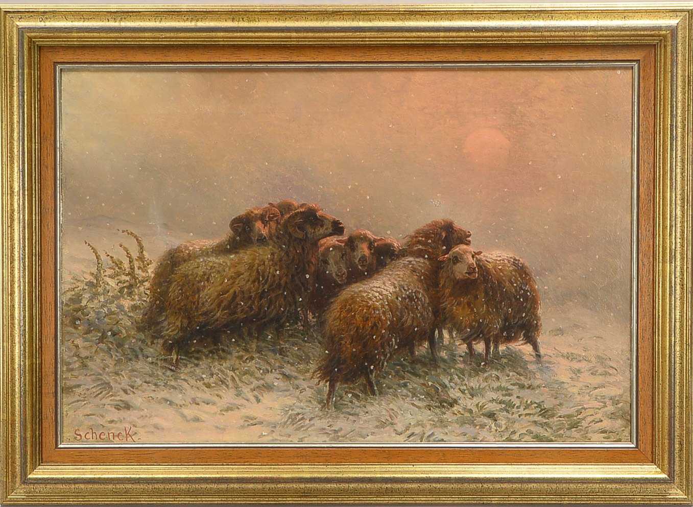 Schenck, August Friedrich (1828 Glückstadt - 1901 Écouen/Frankreich), 'Schafherde im Schnee', Öl/Lw,
