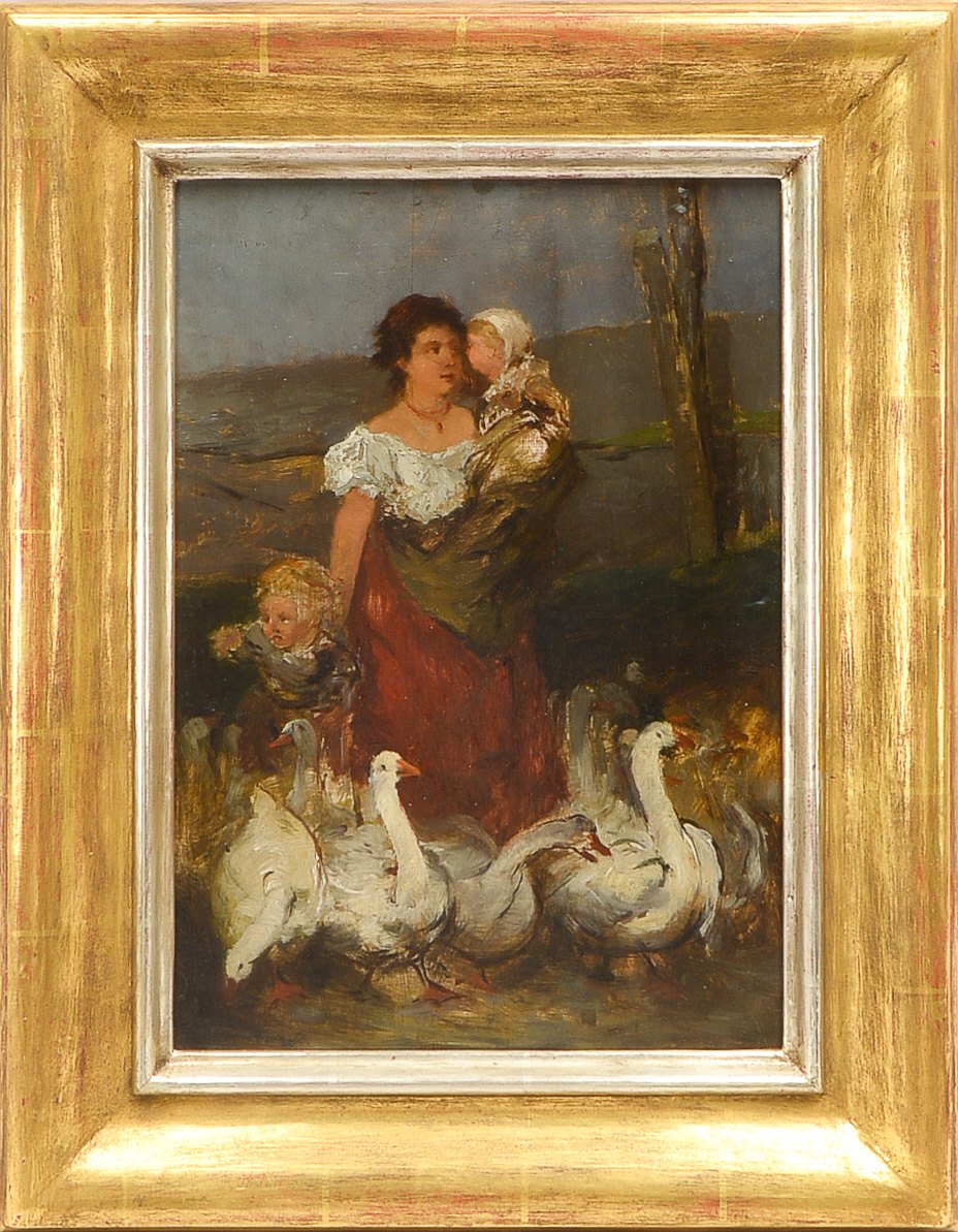 Knaus, Ludwig (1829 Wiesbaden - 1910 Berlin), 'Gänsemagd', Öl auf Holzplatte/gerahmt, unten links si