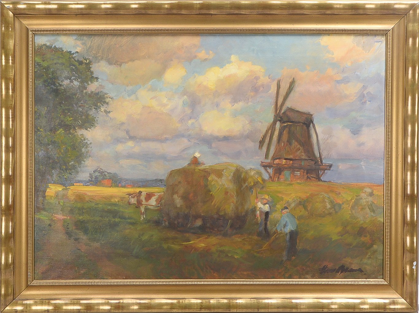 Braue, Hans (1895 - 1943), 'Heuernte an der Mühle', Öl/Lw, unten rechts signiert; Bildmaße 70 x 100