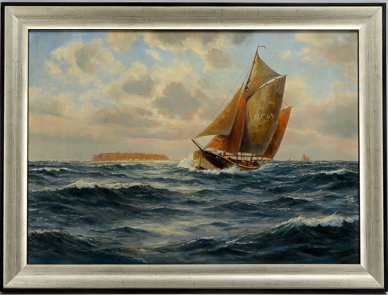 Fokken, Jan (1881 - 1962 Bremen), 'Finkenwerder Fischkutter vor Helgoland', Öl auf Holz/gerahmt, unt
