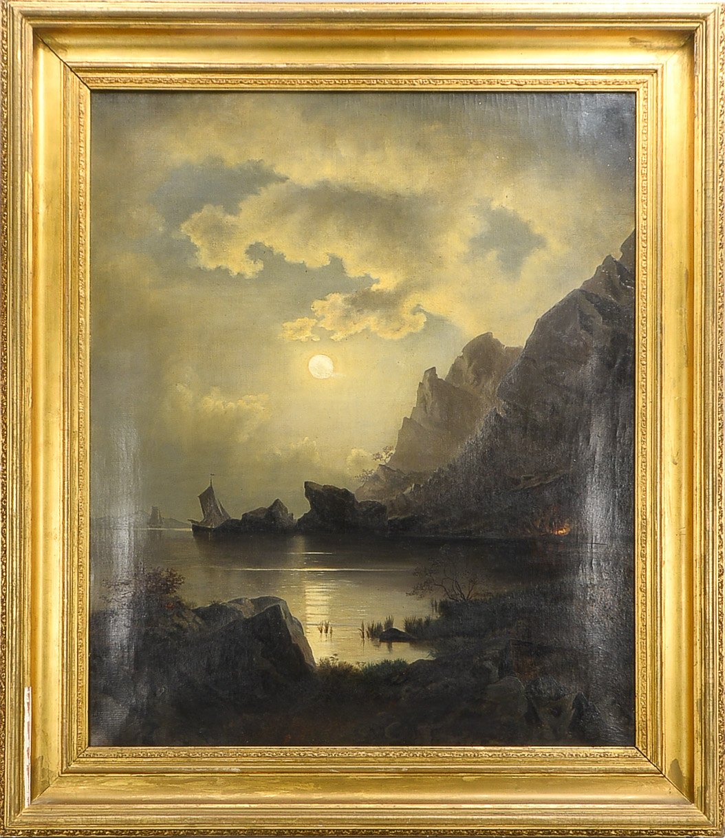 Großes Gemälde, 'Nächtliche Küstenlandschaft im Mondschein', unsigniert, Öl/Lw, gerahmt; Bildmaße 10