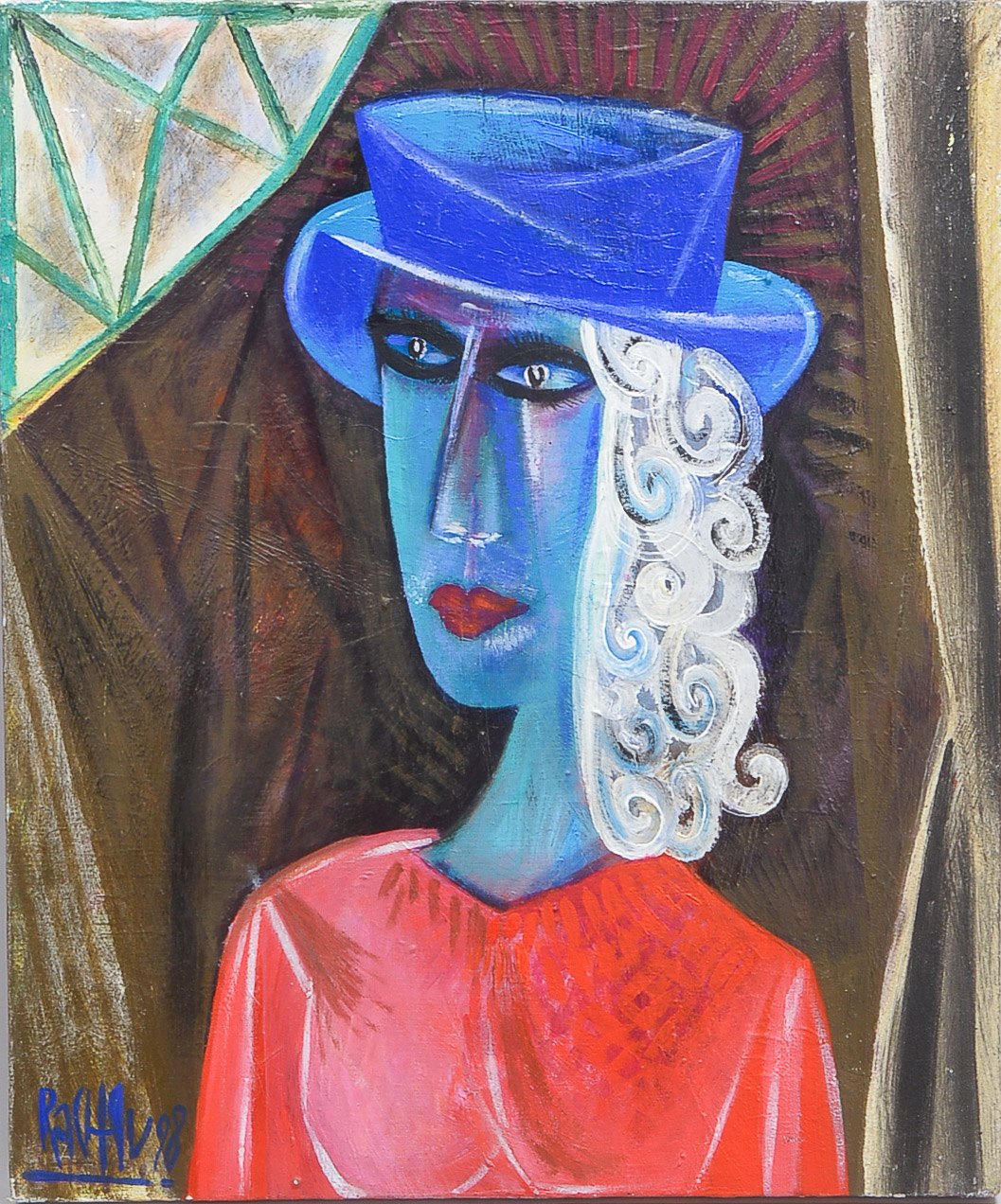 Rachev, Rumen (*1956 Belov, zeitgenössischer bulgarischer Künstler), 'Dame mit blauem Hut', Acryl/Lw