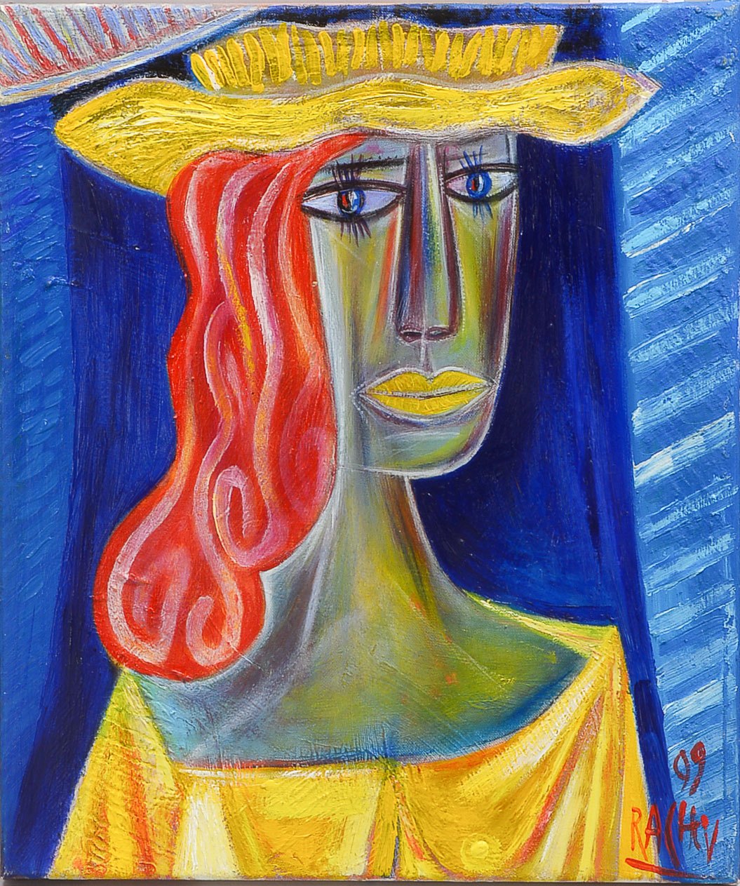 Rachev, Rumen (*1956 Belov, zeitgenössischer bulgarischer Künstler), 'Dame mit gelbem Hut', Acryl/Lw