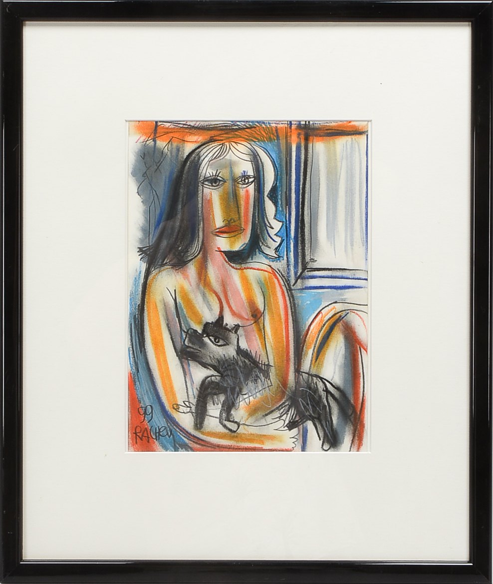 Rachev, Rumen (*1956 Belov, zeitgenössischer bulgarischer Künstler), 'Frau mit Hund', Pastell, unten