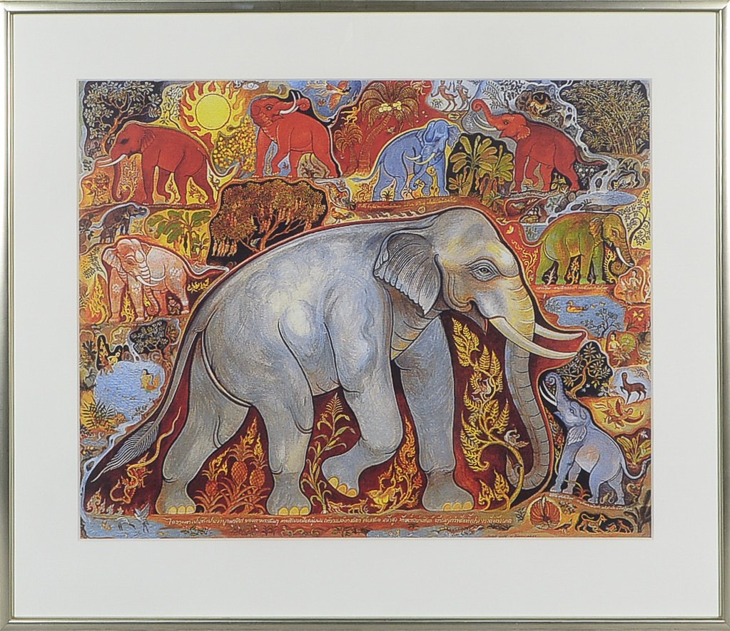 Großer Galerierahmen, mit innenliegendem Druck ('Elefantendarstellungen'), unter Passepartout hinter