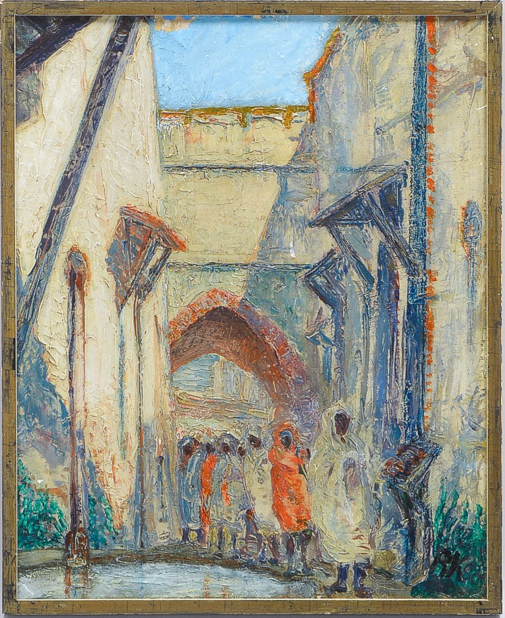 Monogrammist RK, 'Prozession im Souk', Öl auf Platte/gerahmt, unten rechts monogrammiert; Rahmenmaße