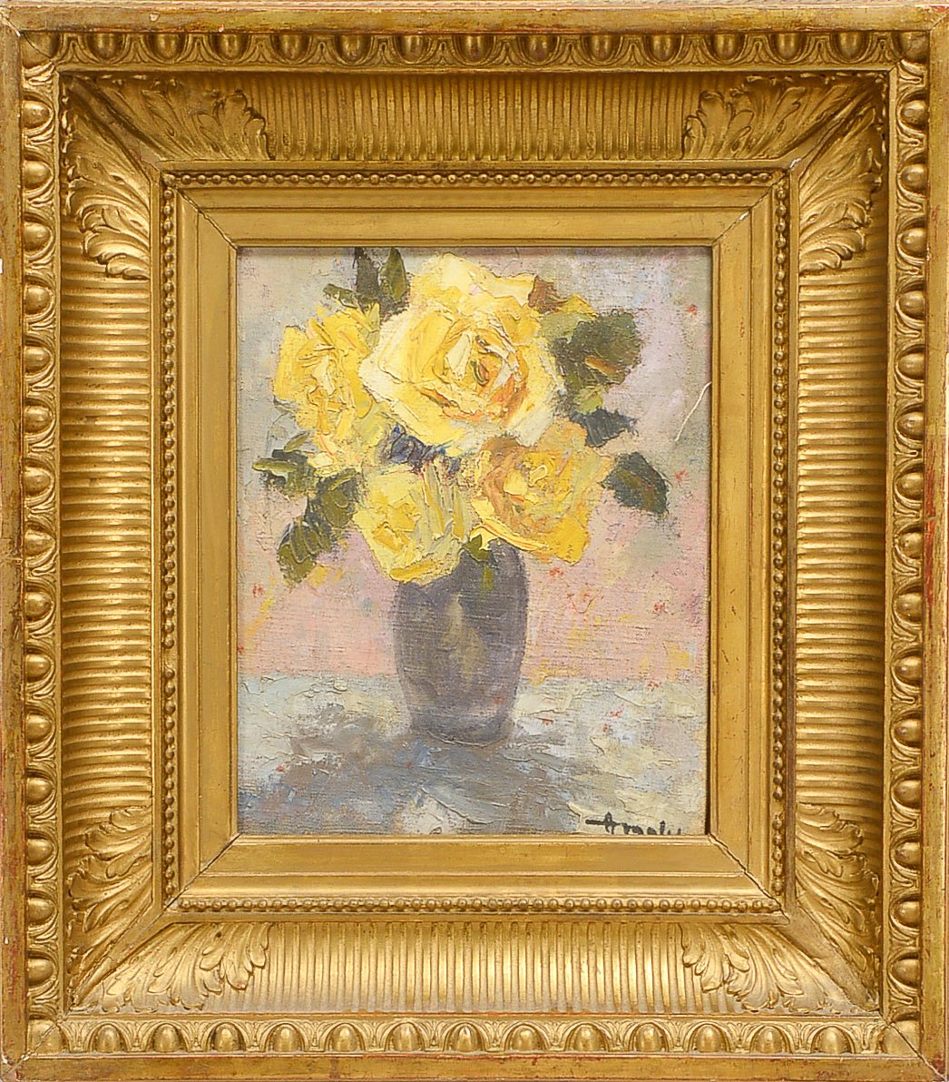 Gemälde, 'Rosen in Vase', Öl/Lw, unten rechts (nicht eindeutig leserlich) signiert; Rahmenmaße 42,5