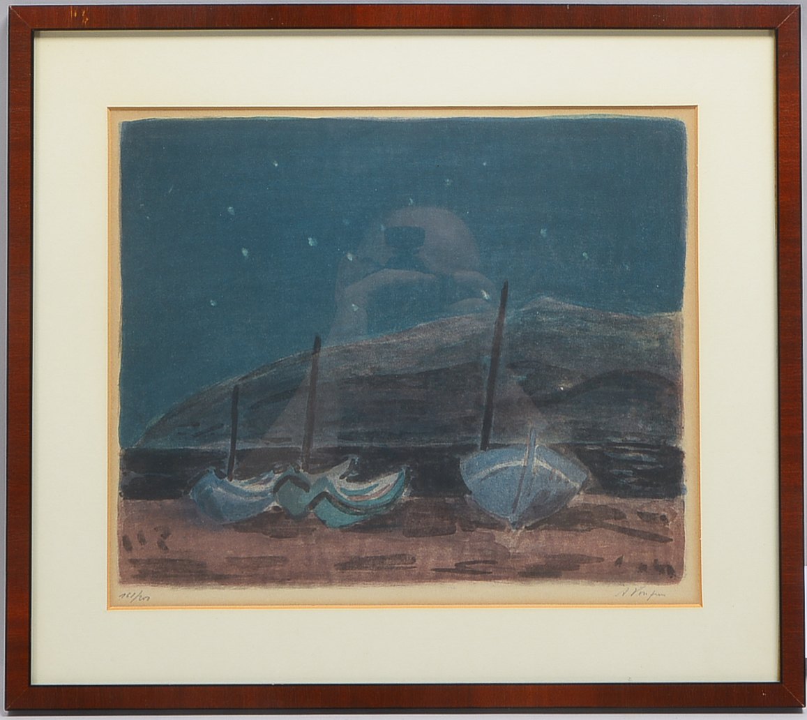 Farblithografie, 'Boote am nächtlichen Strand', Auflage-Nr. '160/200', (nicht eindeutig leserlich) s