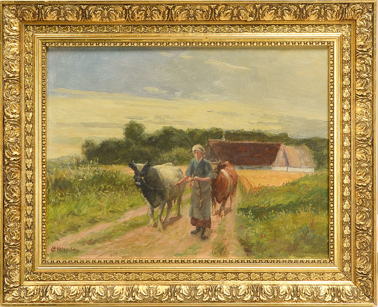 Rohde, C. (wohl Carl Rohde, 1840 - 1891 Koblenz), 'Bäuerin mit zwei Kühen', Öl/Lw, unten links signi