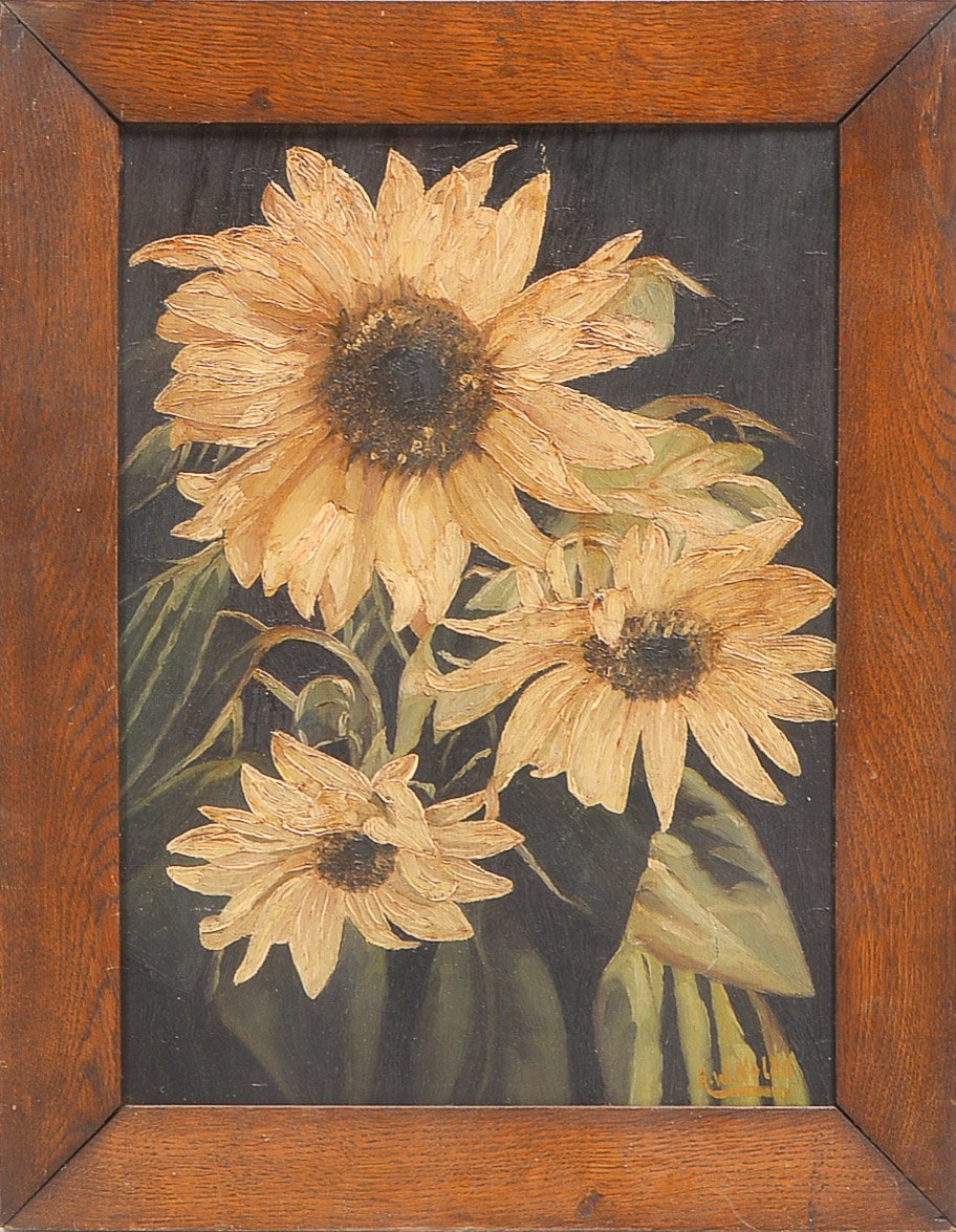 Nolte, W., 'Sonnenblumen', Öl auf Holzplatte/gerahmt, unten rechts signiert; Bildmaße 45 x 33 cm, Ra