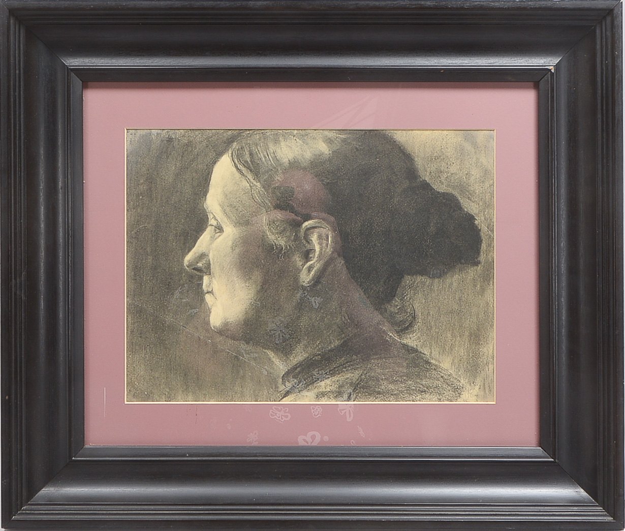 Monogrammist, 'Damenportrait', Kohlezeichnung auf Pappe/gerahmt, unten rechts (nicht eindeutig leser
