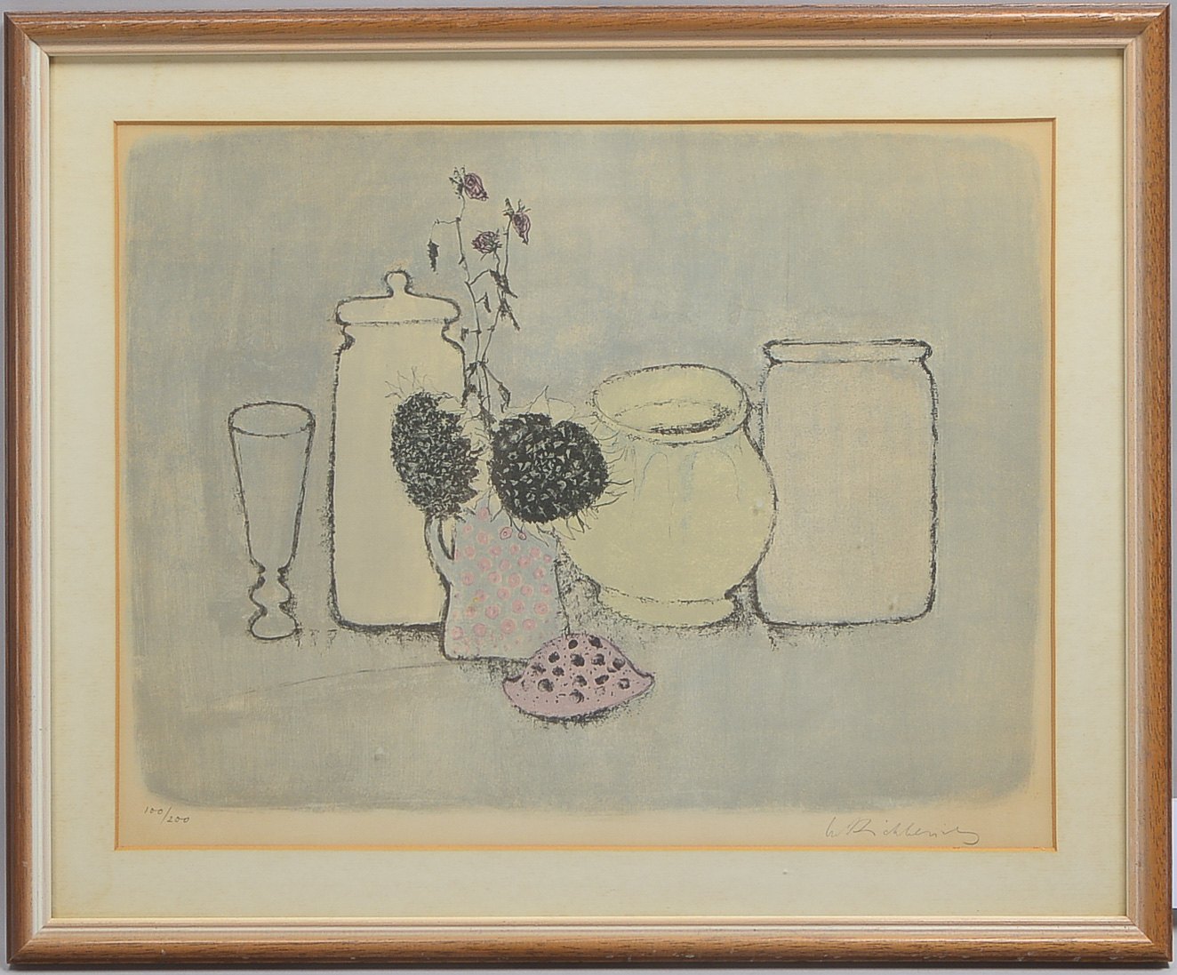 Lithografie, 'Stillleben mit Töpfen und Blumen', Auflage-Nr. '100/200', (nicht eindeutig leserlich)
