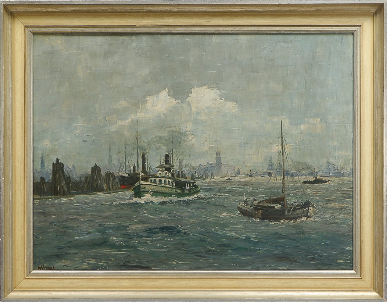 Gemälde, 'Hamburger Hafen', Öl auf Malpappe/gerahmt, unten links (nicht eindeutig leserlich) signier