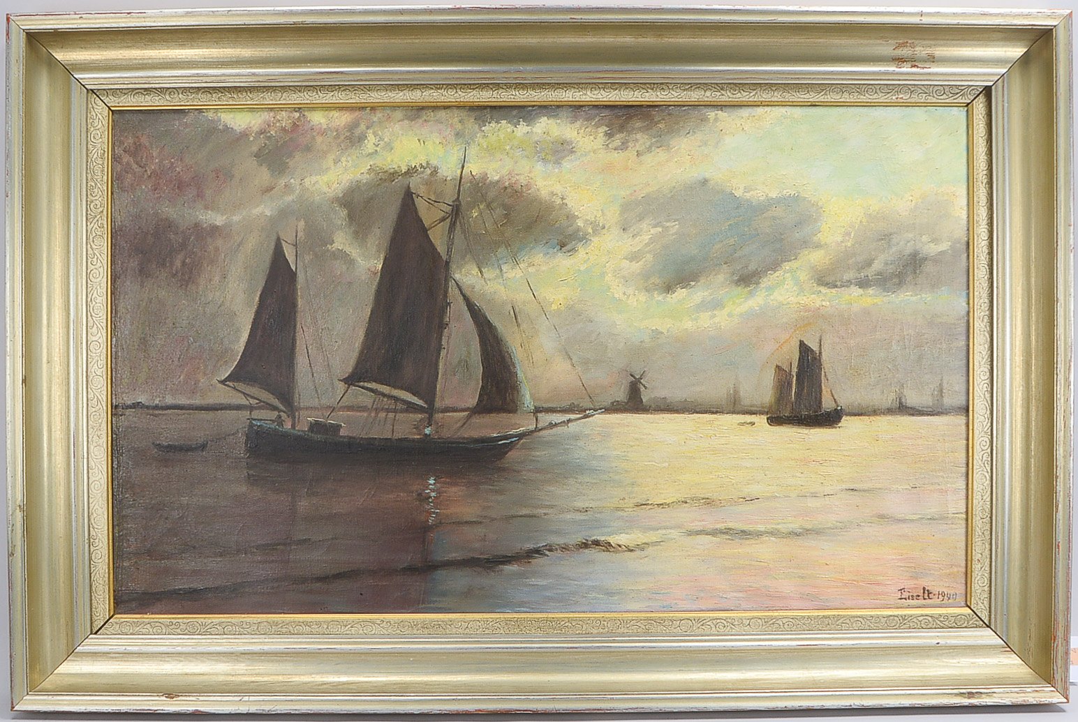 Gemälde, 'Boote vor Küstenstadt', Öl/Lw, unten rechts (nicht eindeutig leserlich) signiert und datie