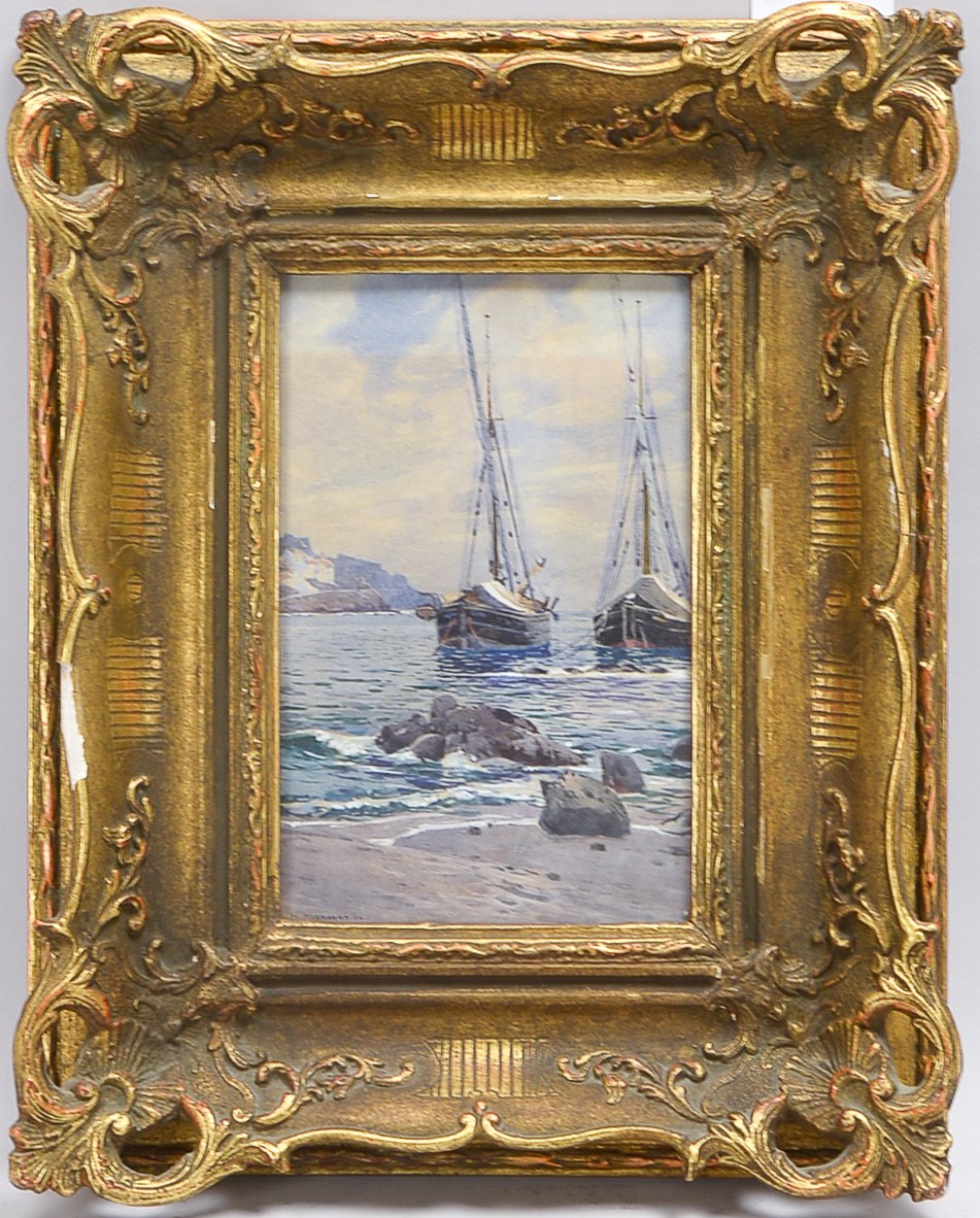 Hermanns, Heinrich (1862 - 1942 Düsseldorf), 'Fischerboote vor Anker', Aquarell auf Papier/gerahmt,