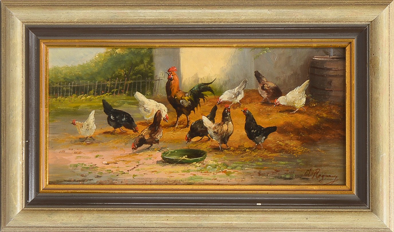 Gemälde (um 1920), 'Hühnerhof', Öl auf Holzplatte/gerahmt, unten rechts signiert; Bildmaße 17,5 x 36