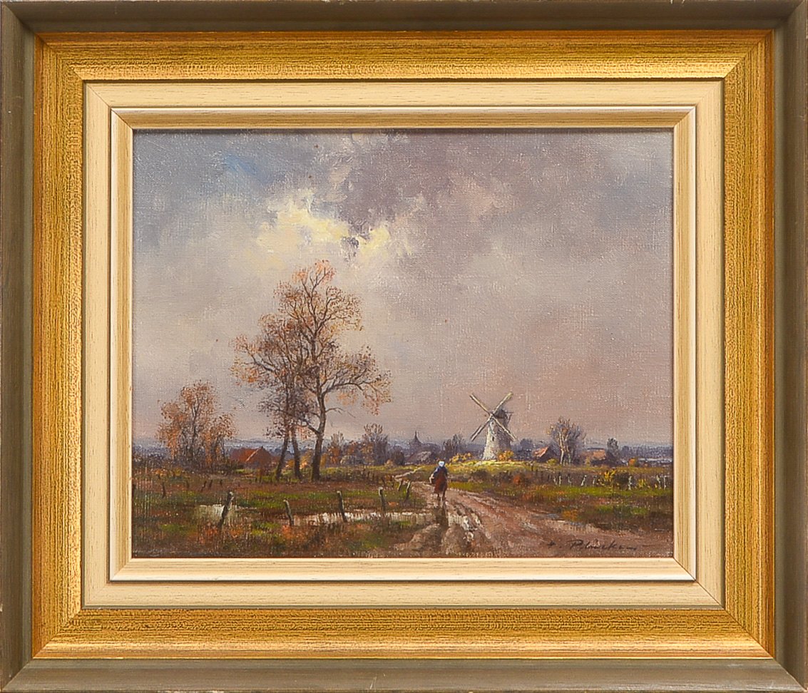 Plücken, Hubert (1937 - 2022 Arsbeck), 'Weite Landschaft mit Dorf und Windmühle', Öl/Lw, unten recht