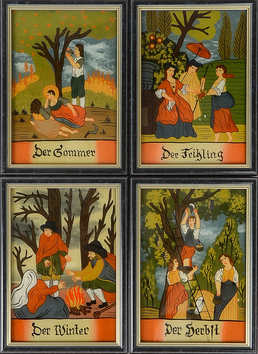Satz Hinterglasmalereien, 'Die vier Jahreszeiten', Aquarell auf Glas/gerahmt, jeweils unsigniert, 4