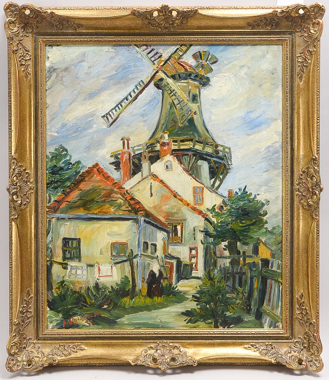 Gemälde, 'Mühle am Dorfrand' - Horner Mühle?, Öl/Lw, unten links signiert 'Ackerman(n)' und datiert