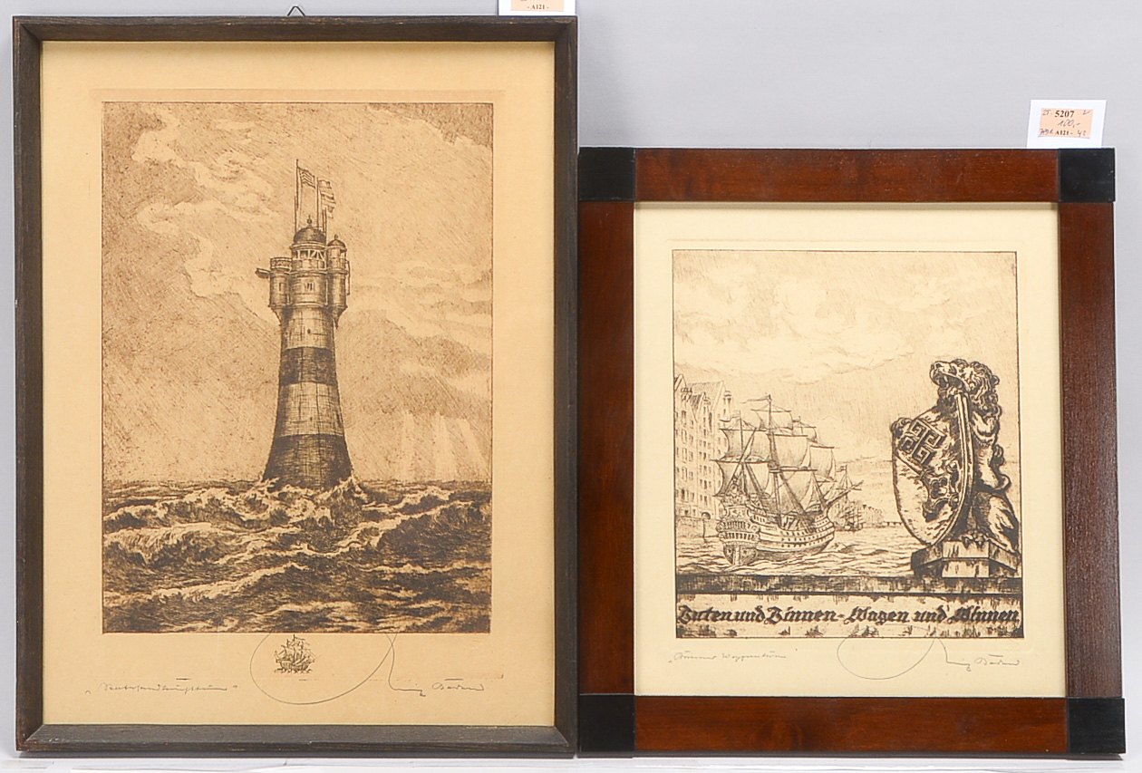 Kasimir, Luigi (1881 - 1962), 2 Radierungen: 'Roter Sand Leuchtturm' und 'Bremer Wappenturm', jeweil