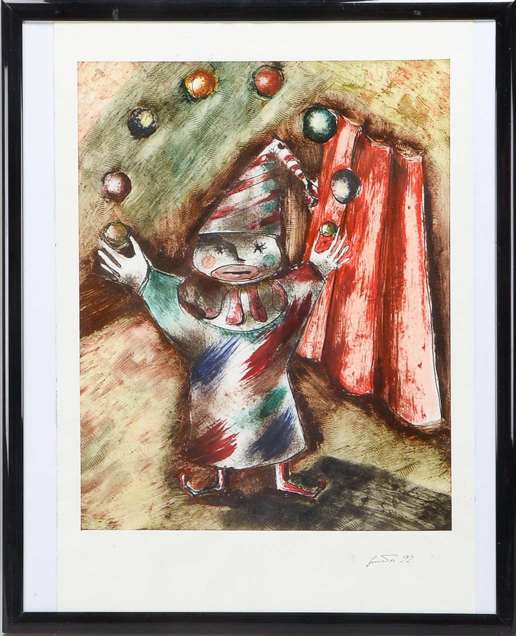 Unidentifizierter Künstler, 'Jonglierender Clown', Bleistift auf Papier, unten rechts unleserlich si